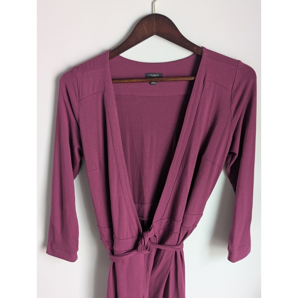 Ann Taylor Faux Wrap Dress Size 2 Purple 3/4 Sleeve Jersey Knit Knee Length
